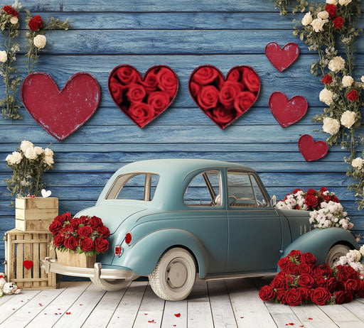 Vintage car with heart-shaped windows and red roses