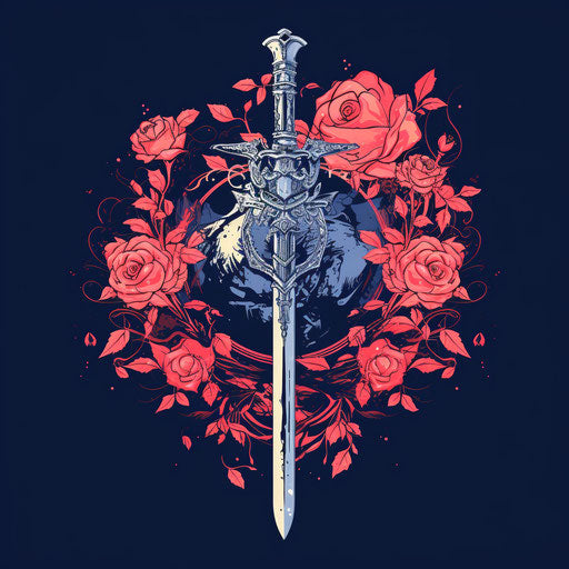 Sword surrounded by roses in a heart, light navy style