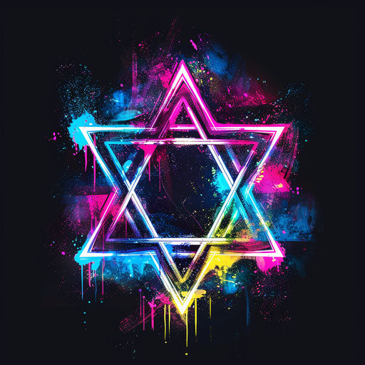 Retro tattoo sketch of a Star of David inspired by 1980s graphics with neon colors