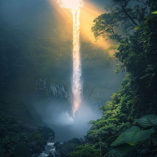 La Fortuna Waterfall with dramatic lighting and misty ambiance