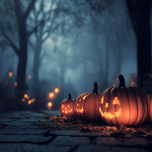 Halloween Atmosphere with Glowing Pumpkins