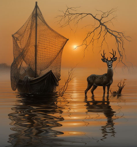 Deer at sunrise in a fishing net and a boat, style of techno shamanism, serenity and harmony, mystic symbolism 27:29