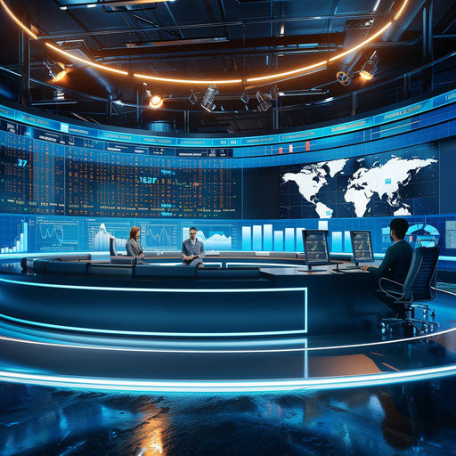 Financial broadcast with anchors discussing market updates, sleek studio design