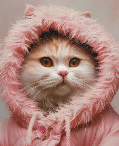 Orange cat wearing a pink fur hood
