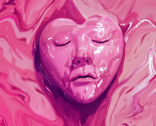 Sad pink heart, closed face, animated exuberance