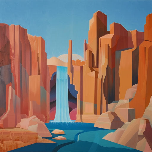 Waterfall with geometric rock formations in a desert