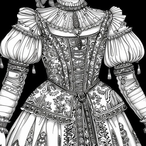Detailed Renaissance dress with elaborate patterns - coloring page