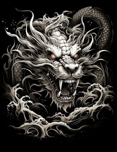 An Asian dragon in black and white, in the style of psychological symbolism