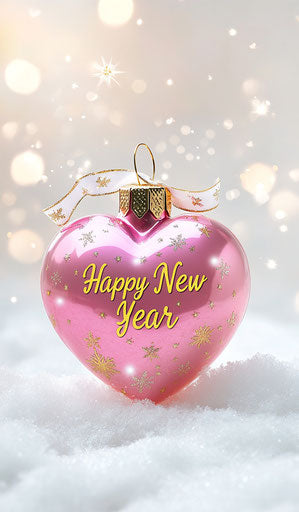 Pink heart ornament with golden text 'Happy New Year'