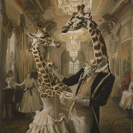 Giraffes dancing in an elegant ballroom