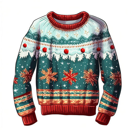 Ugly Christmas sweater illustration in the style of Chiaroscuro Art, on white background