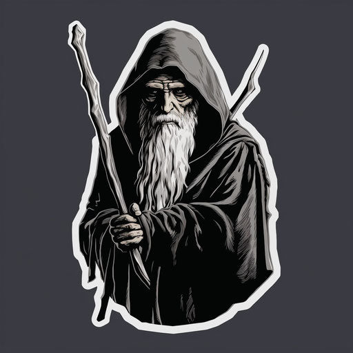 Image of old man with scythe in monochromatic serenity style