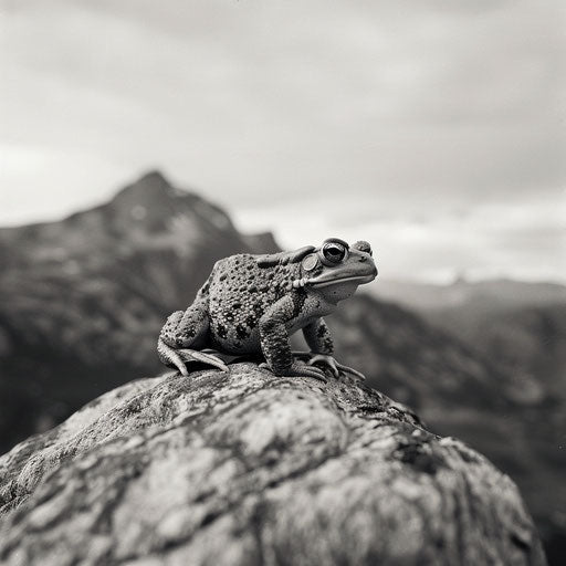 Toad on a rock with mountains in the background
