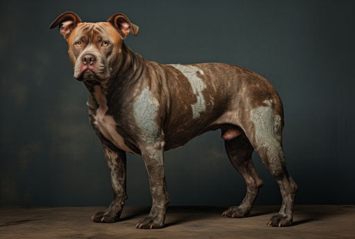 The pit terrier, in the style of dark azure and brown, rotcore, dark silver and light green, ilford delta, transavanguardia, rounded, surprisingly absurd 34:23