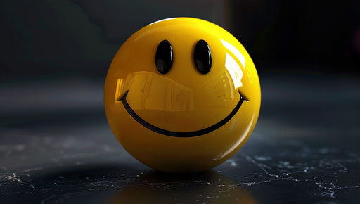 Animated smiley face on black background, spherical sculptures style