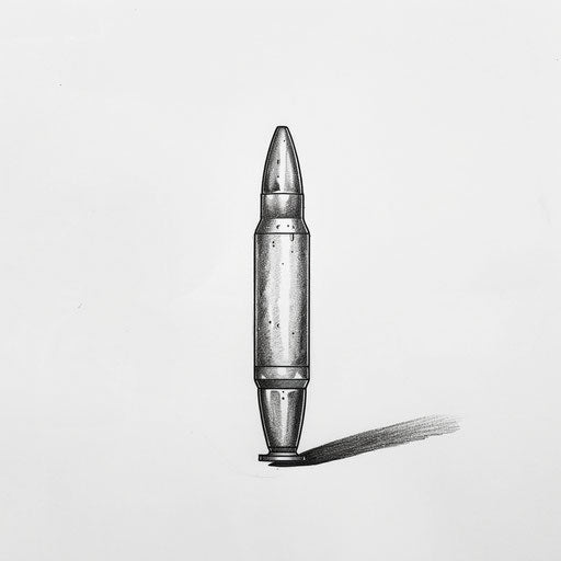 Flat tattoo sketch of a bullet with a minimalist outline and a shadow for depth