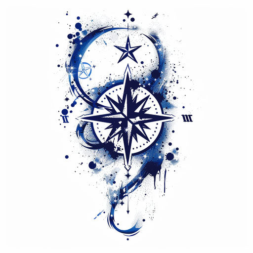 Abstract navy tattoo: compass rose and blue stars