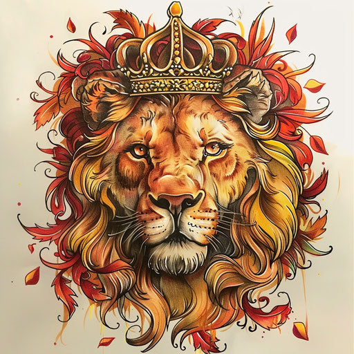 Flat tattoo sketch of a regal lion with crown and lush mane in vibrant yellows and reds