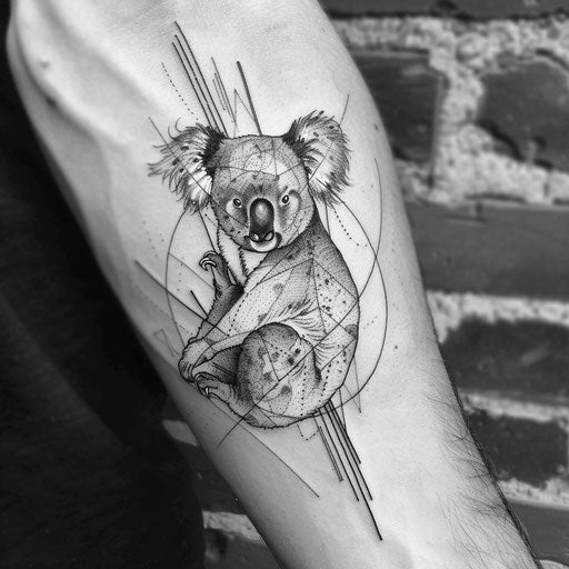 Simple tattoo sketch of koala with geometric background