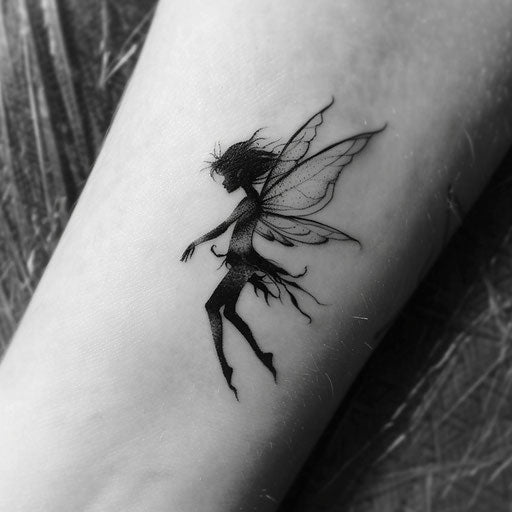 Minimalist fairy silhouette tattoo with shades of grey on white