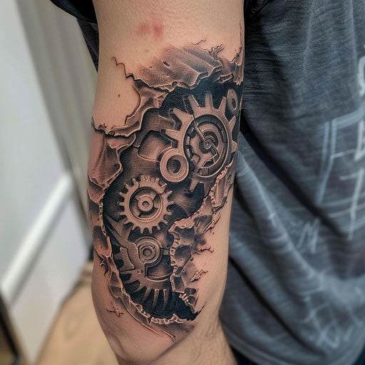 Elbow tattoo of a biomechanical gear