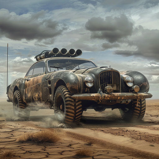 Post-apocalyptic Bentley with armor navigating wasteland