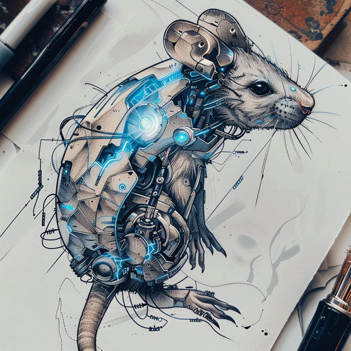 Futuristic tattoo sketch of a rat with cybernetic enhancements, in metallic blues and grays