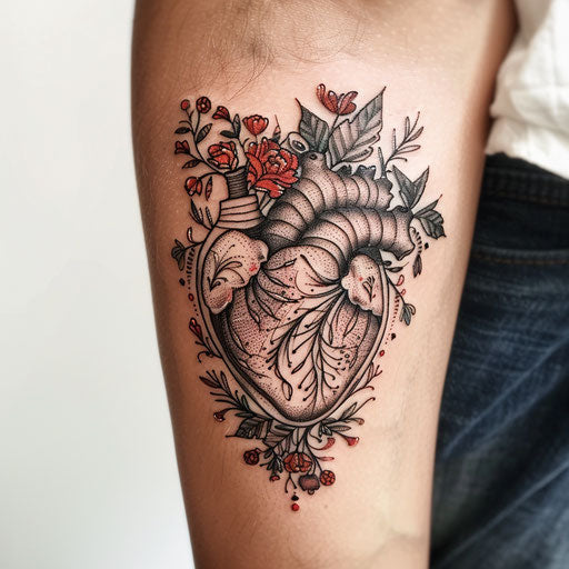 Anatomical heart tattoo with tribal art infusion