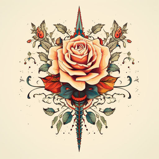 Rose and arrow tattoo in ornate style, light yellow and vivid red