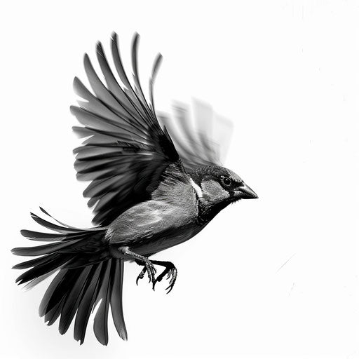 Bird in flight, detailed feather texture in black & gray on white