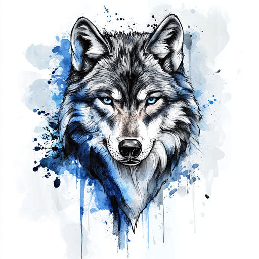 Clipart style flat tattoo sketch wolf hand tattoo with blue and grey splash