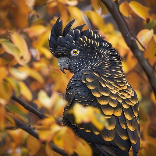 Black cockatoo with yellow tail among golden autumn leaves