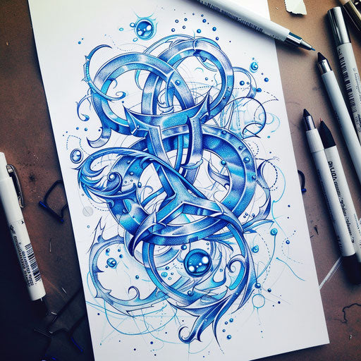 Nautical tattoo sketch of a David symbol with oceanic elements and blue tones