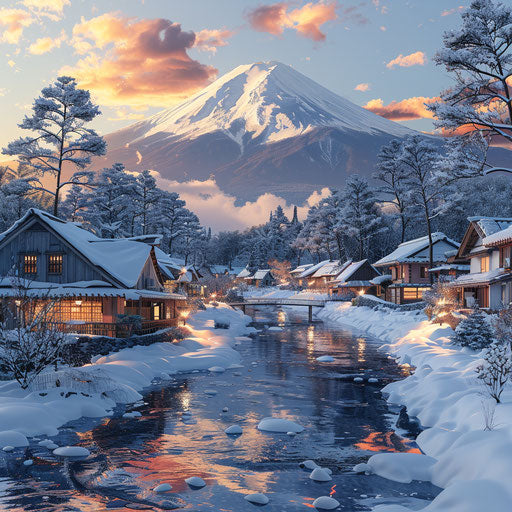 Cottagecore futurism in a Japanese traditional small village, under Mt. Fuji, panorama, winter