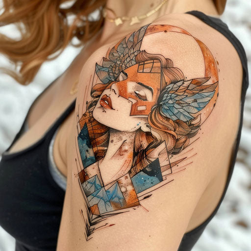 Artistic flat tattoo sketch of Artemis with watercolor mountains