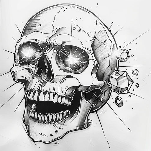 Edgy sparkle tattoo sketch of a skull with glittering diamond eyes in monochrome