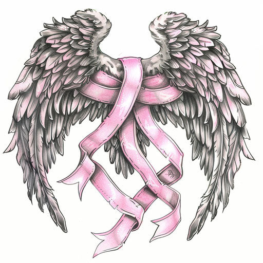 Concept drawing of an angel wings tattoo with pink ribbons