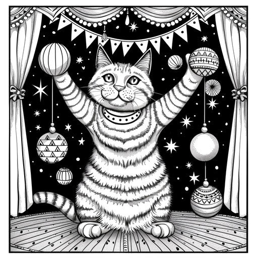 Whimsical cat juggling in a circus. Coloring book page