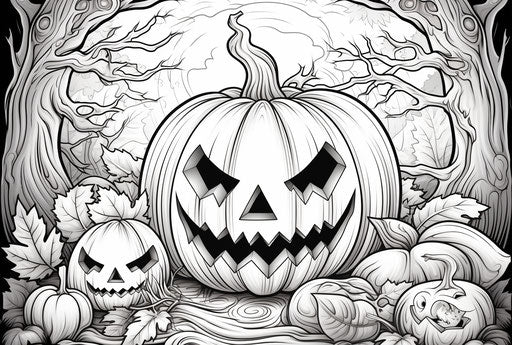 Coloring book with pumpkin and leaves, nightmarish style