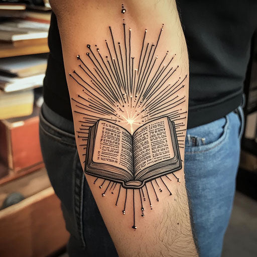 Christian tattoos for men with an open Bible and rays of light in the style of David Palumbo