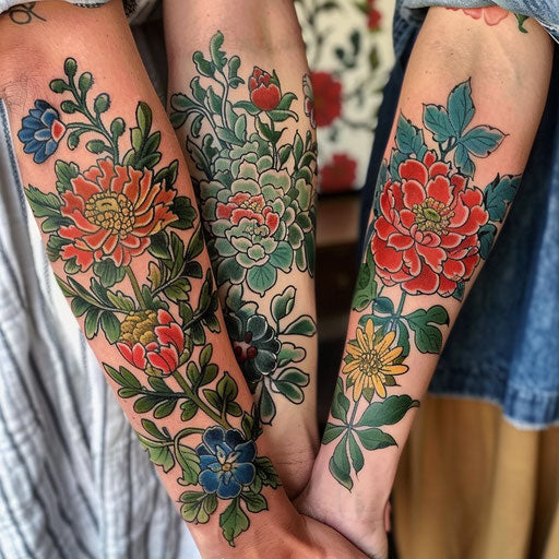 Mother son tattoos with floral designs, Maria Sibylla Merian style