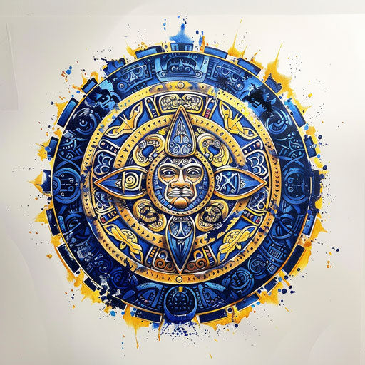 Vibrant Maya calendar tattoo design, blues and yellows