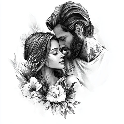 Realistic black and white flat tattoo sketch of mom and dad tattoo