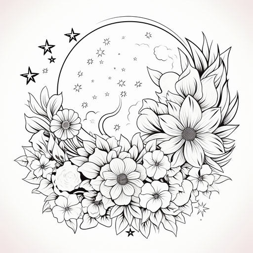 Moon and flowers under stars, exotic realism style, soft