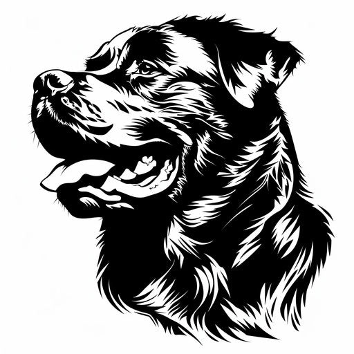 Bold clipart style flat tattoo sketch for a dog outline tattoo with a fierce Rottweiler in stark black and contrasting whites