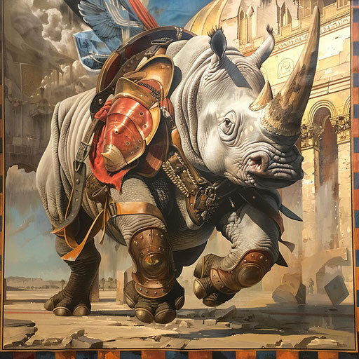 Rhino warrior as ancient depicted in heroic pose on mural