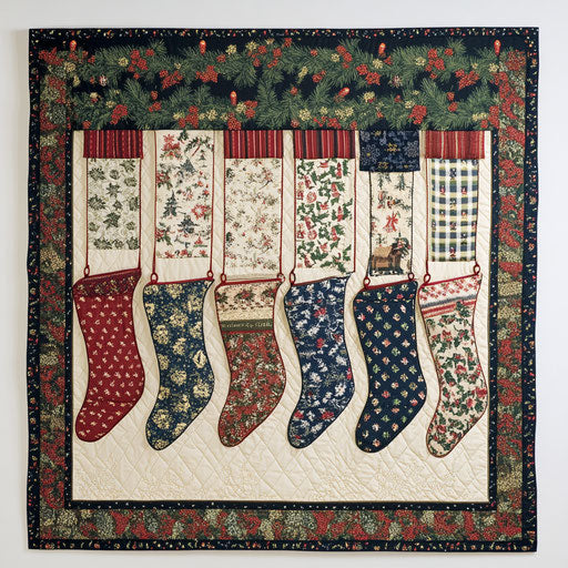A border of Christmas stockings hung by an invisible mantle