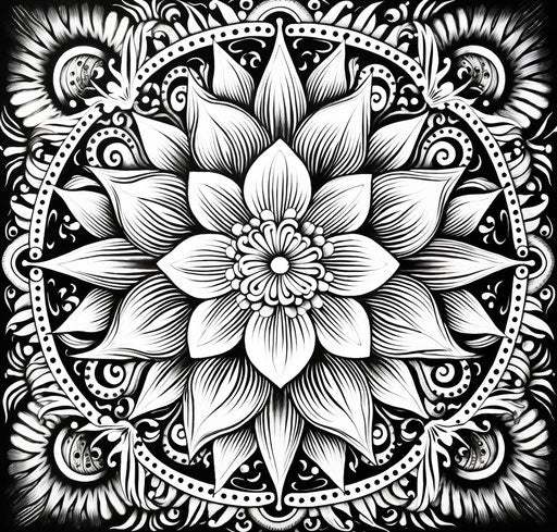Mandala flower coloring, intricate black and white drawings