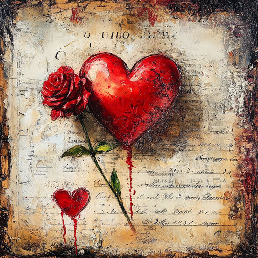 Valentine's Day wall art, red heart and rose on vintage love letters background