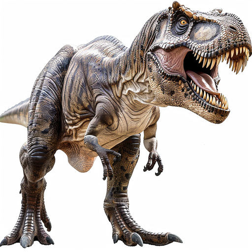 T-rex clipart in photo realistic style on white background, dynamic lighting and intricate details
